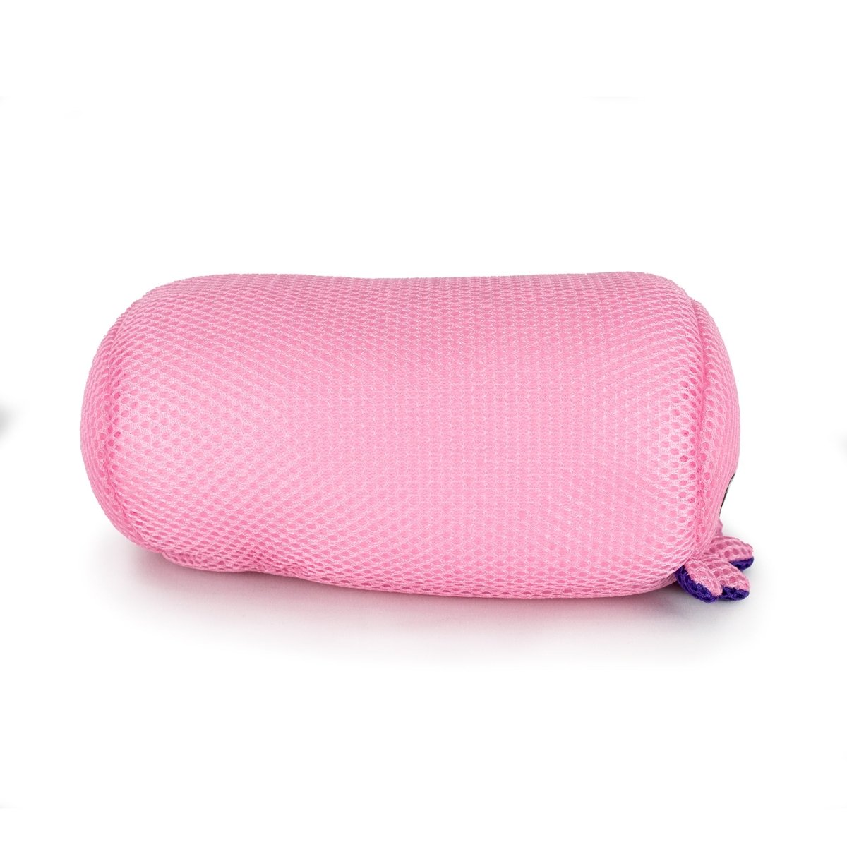 The Aqua Moosh-Moosh Handi Andi is a pink, cylindrical mesh pillow with a textured surface and a small purple detail at one end, shown on a white background.