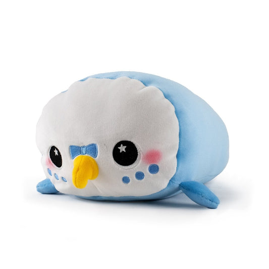 Kiki the Parakeet is a round, cuddly plush toy with ultra-soft fabric, large black eyes, rosy cheeks, a yellow beak, blue bowtie, and small blue wings. Kiki is shown against a plain white background.