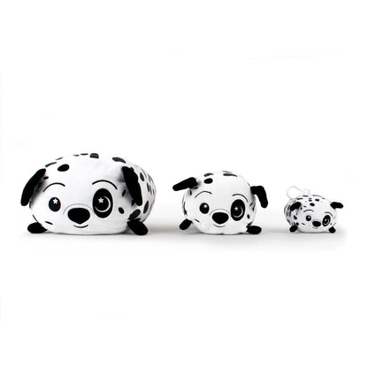 Three adorable Dozer the Dalmatian Plushies are lined up: a large oval-shaped one on the left, a round one with a small tail in the middle, and a keychain-sized one on the right. All have black spots and big, expressive eyes.