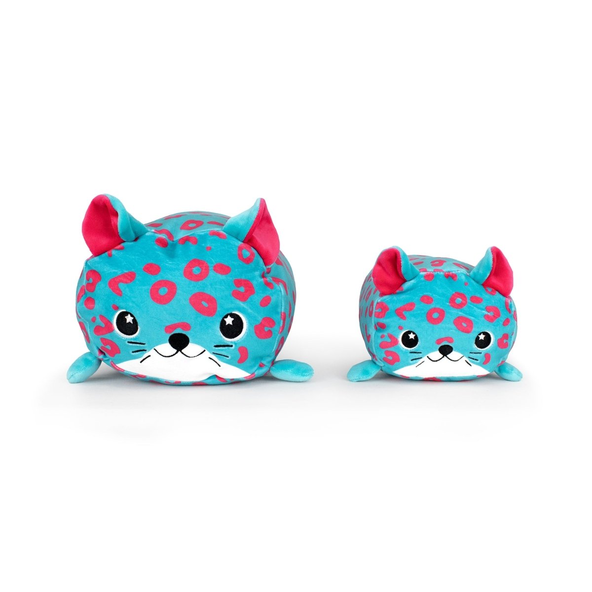 Melina the Leopard plush toys—large and small, both blue with pink spots, white faces, black eyes, and pink inner ears—sit together on a white background, perfect for any soft stuffed animal lover.
