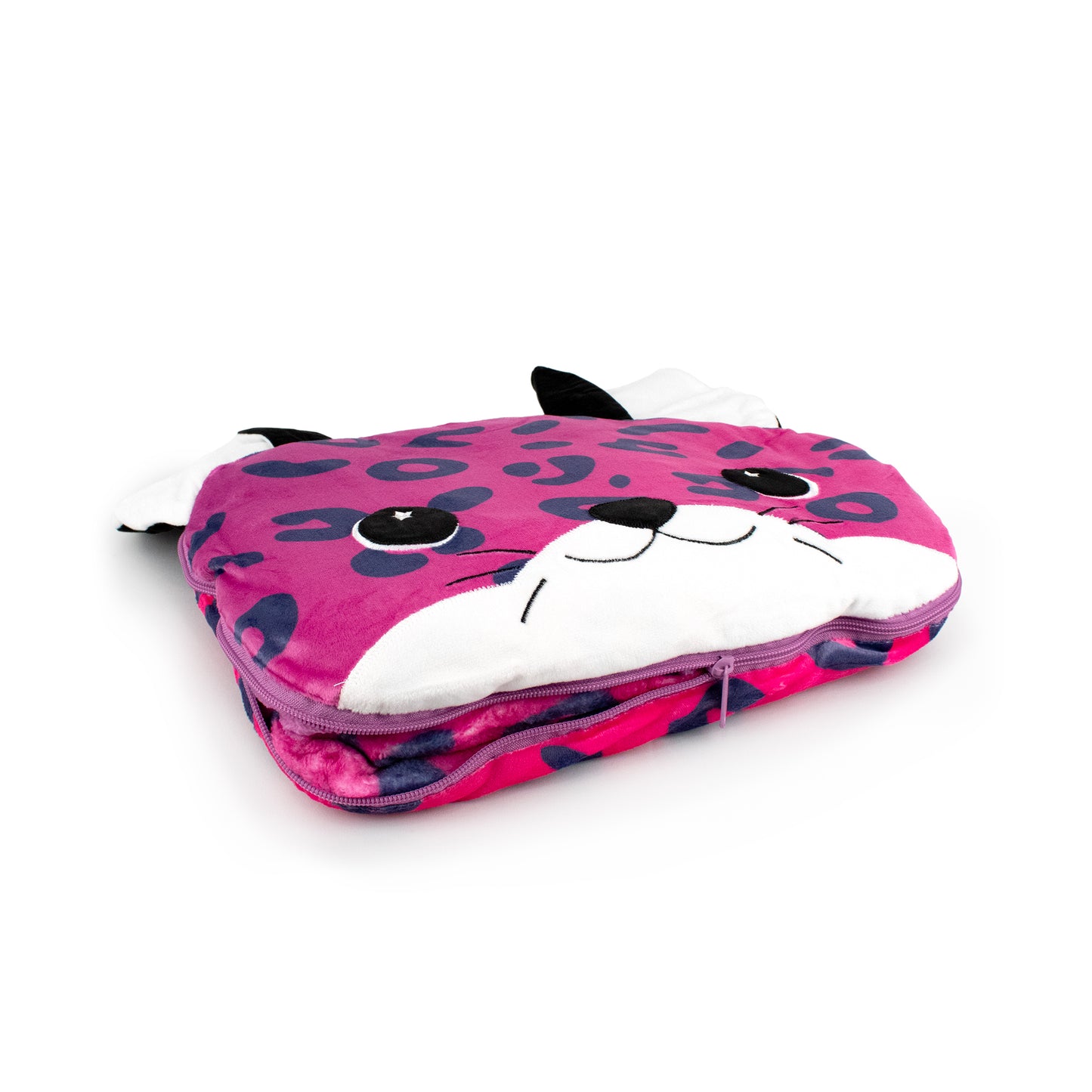The 2-in-1 Pillow Blanket - Spotty the Leopard is a soft, zippered pouch shaped like a pink and purple leopard face—perfect for storing your favorite pillow blanket—shown on a white background.