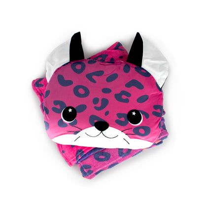 The 2-in-1 Pillow Blanket - Spotty the Leopard features a cute pink leopard-print pillow and matching blanket, combining for the coziest duo.