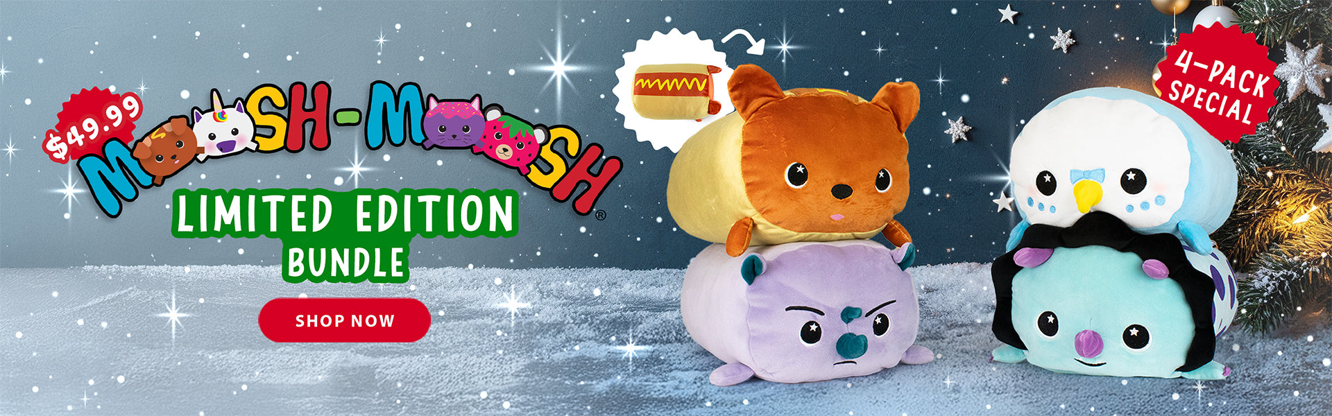 Four colorful plush toys stacked in snow by a decorated Christmas tree. Banner says "Limited Edition Bundle" with a 4-pack special offer and a red "Shop Now" button.