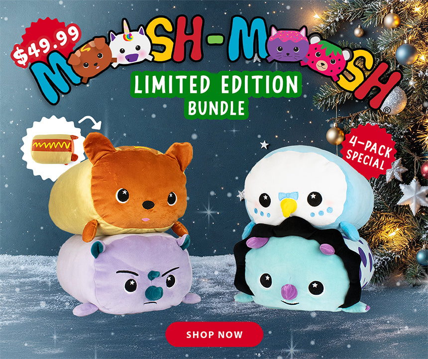 A festive ad features the Limited Edition Bundle—four Moosh-Moosh plush toys stacked under a Christmas tree. Text says “Limited Edition Bundle,” “$49.99,” and “4-Pack Special.” A red “Shop Now” button appears at the bottom.