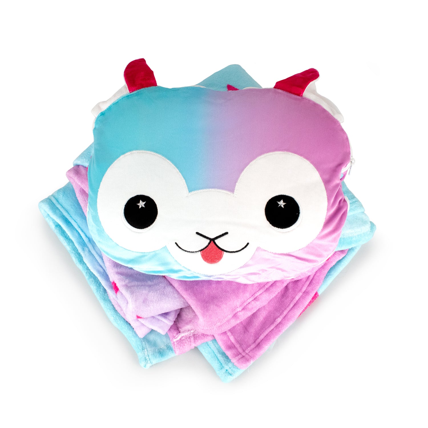 The 2-in-1 Pillow Blanket - Comet the Alpaca, featuring a plush animal face with a blue and pink gradient, big eyes, and red horns, rests on a folded pastel blanket, bringing playful charm to any room.