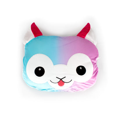 The 2-in-1 Pillow Blanket - Comet the Alpaca features a plush cartoon alpaca face in blue and pink, with large round eyes, a small smiling mouth with its tongue out, and two pink-and-white ears.