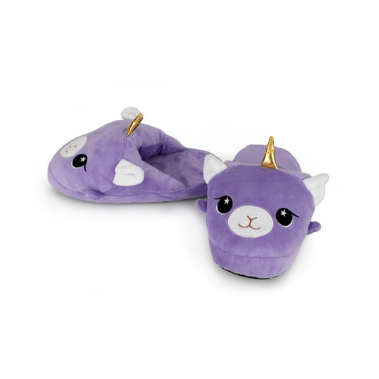 Lila the Llamacorn Kids Slippers are purple, unicorn-llama shaped with embroidered eyes, white ears, gold horns, and non-slip soles. Shown on a plain white background.