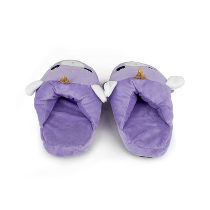 Lila the Llamacorn Kids Slipper—plush purple slippers featuring unicorn details, white wings, golden horns, cute embroidered faces, and non-slip soles. Perfect cozy and adorable footwear for kids at home.