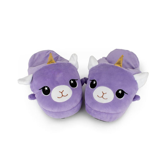 Lila the Llamacorn Kids Slipper is a pair of purple plush slippers with white ears, golden horns, embroidered faces with black starry eyes and small smiles—perfect cozy footwear for magical lounging.