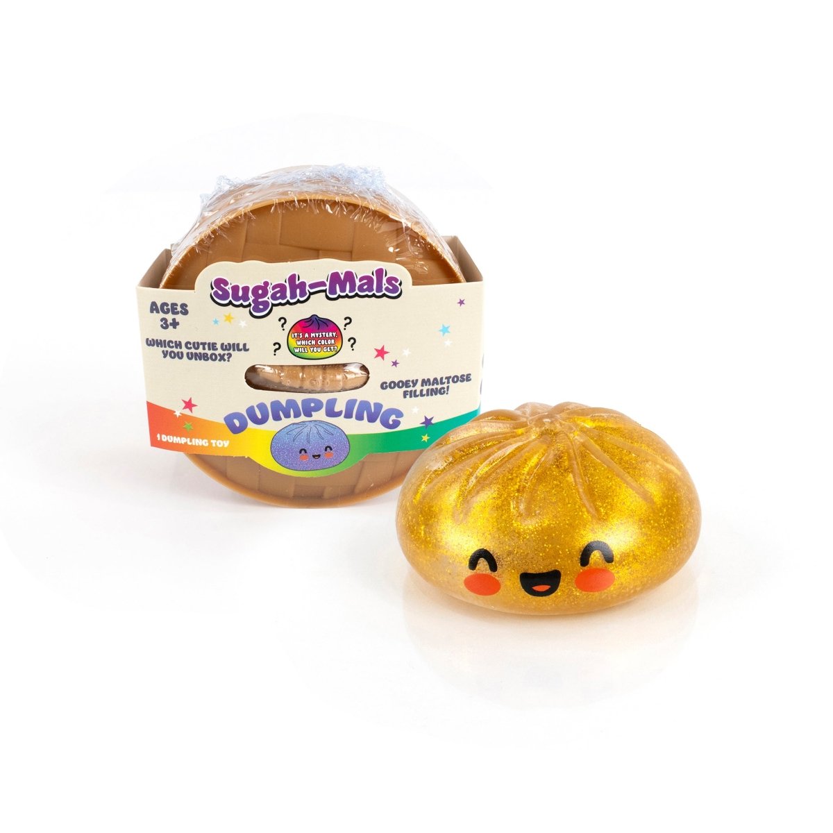 Bubblegum's Favorite Toy - Mystery Dumpling is a golden, glittery dumpling squishy with red cheeks and a smile, next to its brown packaging. This cute stress relief toy features fun graphics and gooey maltose filling text.