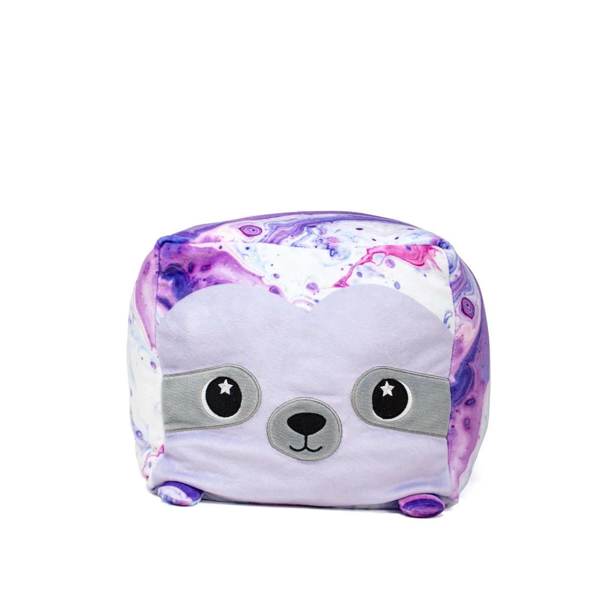 Maybel the Sloth Plushie is an adorable square sloth with a charming purple and white tie-dye pattern, featuring a cute face with big embroidered eyes and a small round nose, making it the perfect plush toy companion.