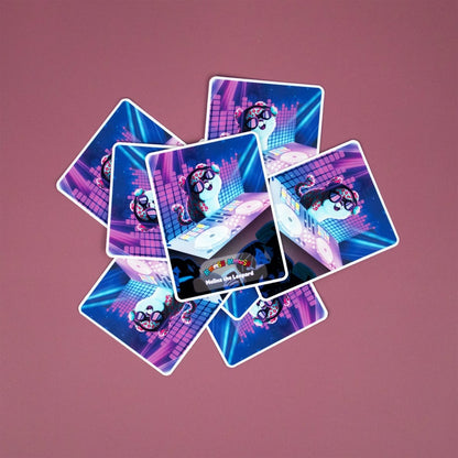 A set of Moosh-Moosh 3" x 4" Vinyl Stickers arranged in a star pattern on a pink surface, each sticker showing a panda DJ with headphones at a neon-lit turntable.