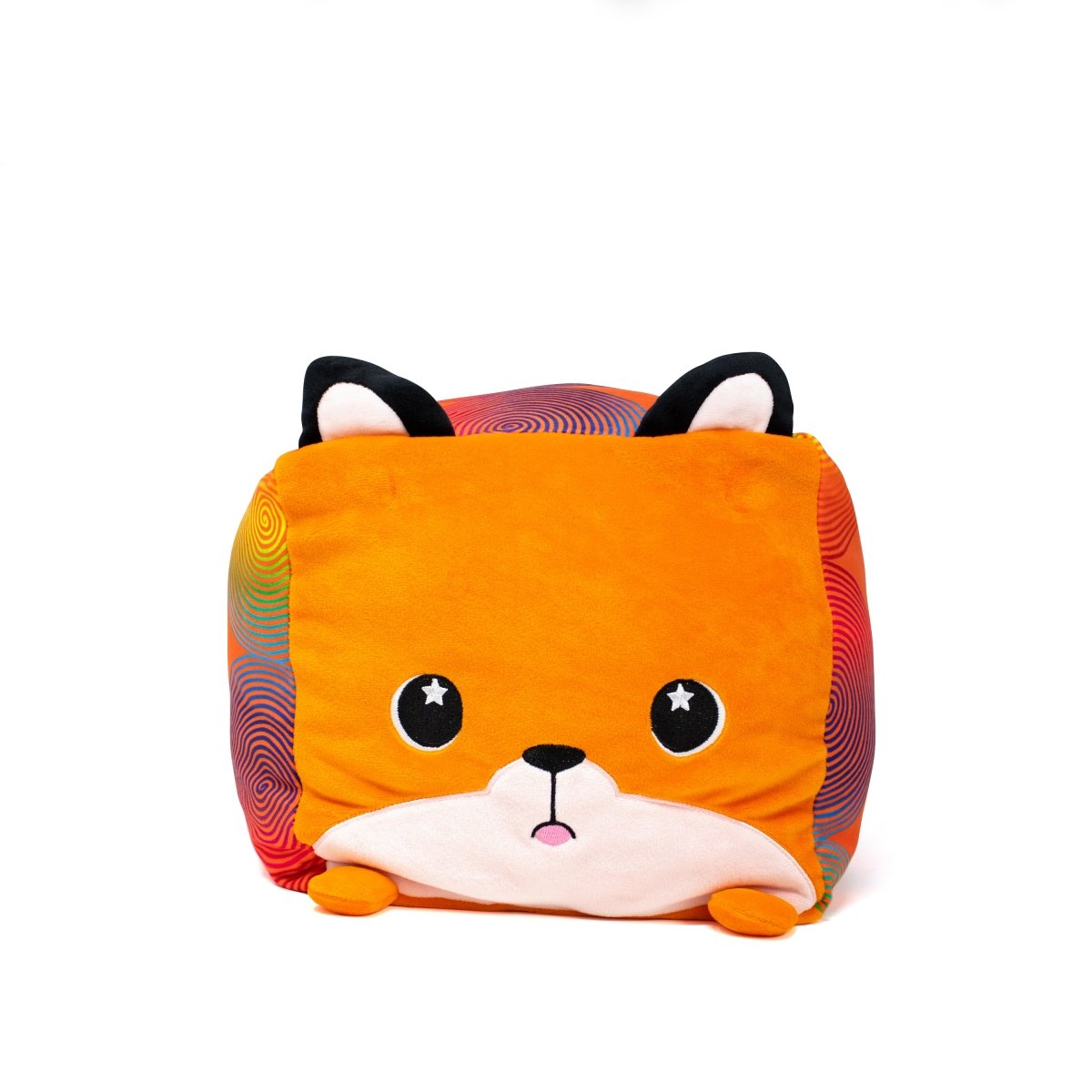 Milo the Fox Plushie is a square plush featuring an orange fox face, black and white ears, and a small nose. Its sides display colorful swirl patterns for a soft touch, all set charmingly against a plain white background.