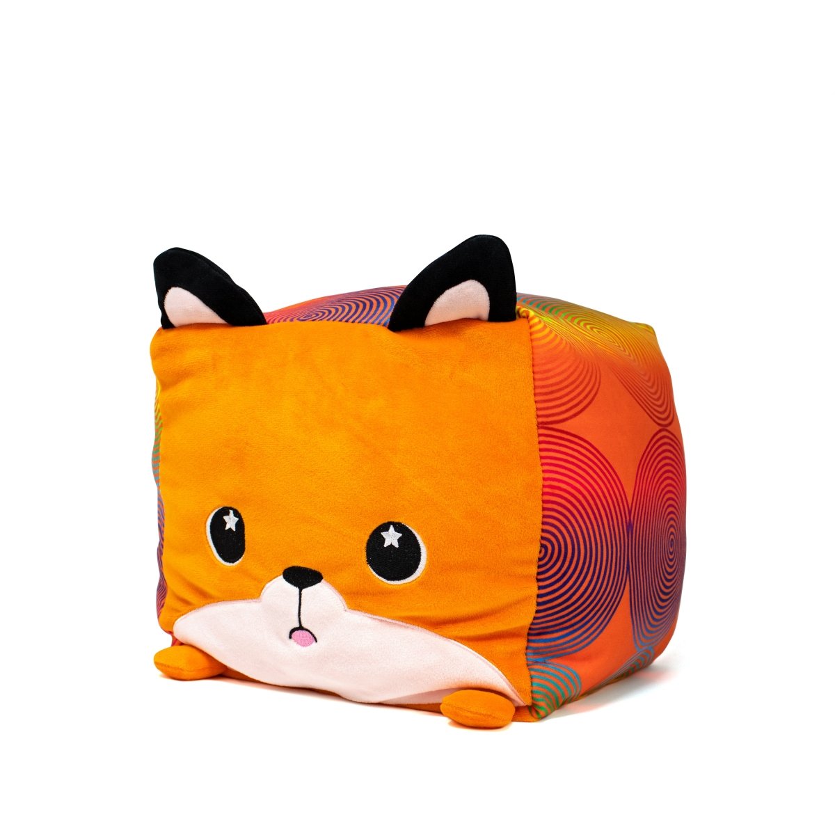 Milo the Fox Plushie is a soft, cube-shaped stuffed toy with an adorable orange fox face, accented by black ears and starry eyes. Its sides showcase vibrant swirled patterns in red, purple, and blue tones, making it a delightful companion.