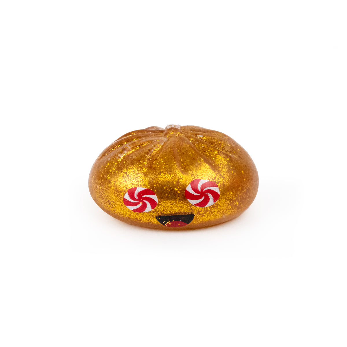 A golden, glittery Bubblegum’s Favorite Toy - Holiday Mystery Maltose Dumpling with peppermint candy eyes and a smiling mouth.