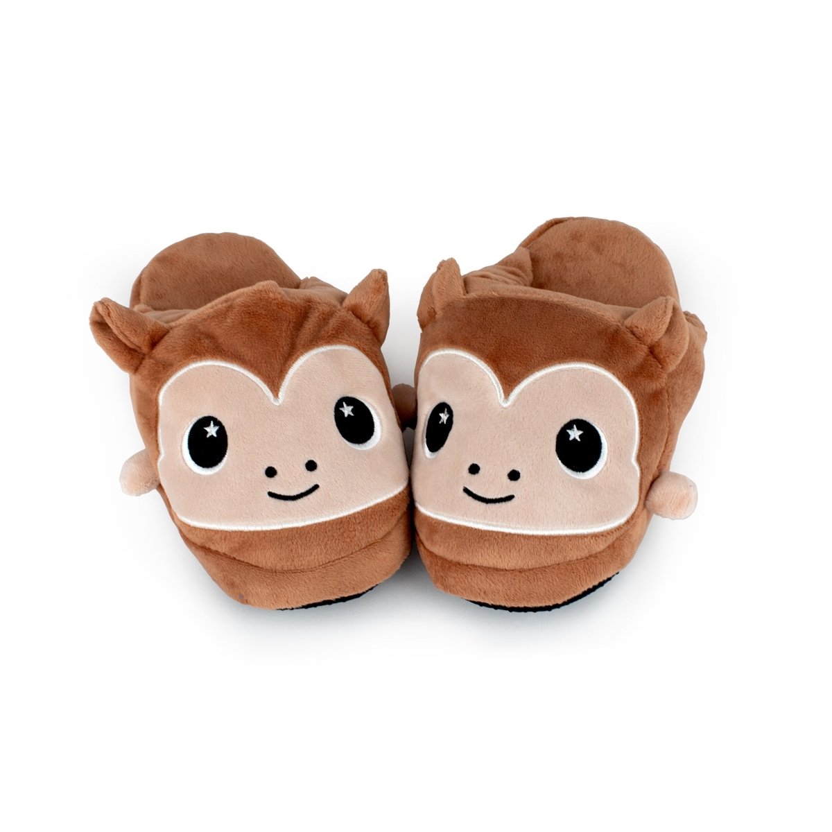 Chunky Monkey Kids Slipper: Brown non-slip house slippers styled as smiling monkeys with big eyes, ears, and light brown faces, shown side by side on a white background.