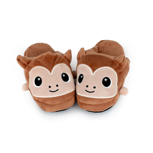 Chunky Monkey Kids Slipper: Brown non-slip house slippers styled as smiling monkeys with big eyes, ears, and light brown faces, shown side by side on a white background.