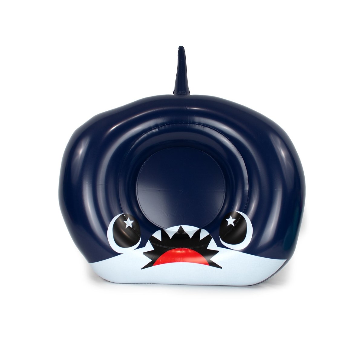 The Neptune 32" Inflatable Pool Float is a dark blue whale-shaped float featuring a round center opening, cartoon eyes, and a wide open mouth with sharp teeth—great for adding fun to your pool party collection.