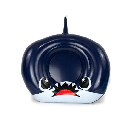 The Neptune 32" Inflatable Pool Float is a dark blue whale-shaped float featuring a round center opening, cartoon eyes, and a wide open mouth with sharp teeth—great for adding fun to your pool party collection.