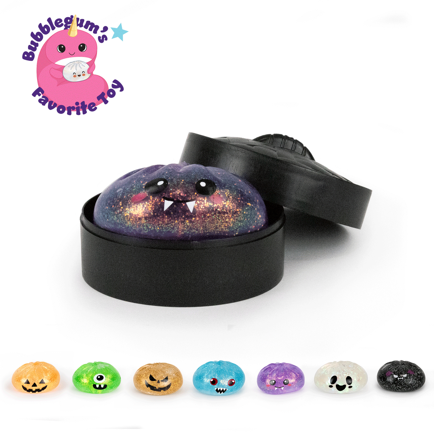 A round container holds Bubblegum’s Favorite Toy - Spooky Mystery Dumpling, a purple glittery slime squishy with a cute monster face, perfect for stress relief. Below, eight colorful Sugah-mals Spooky Mystery Dumpling toys with smiling faces and fun expressions are displayed. The text “Bubblegum’s Favorite Toy” appears alongside a pink cartoon mascot.