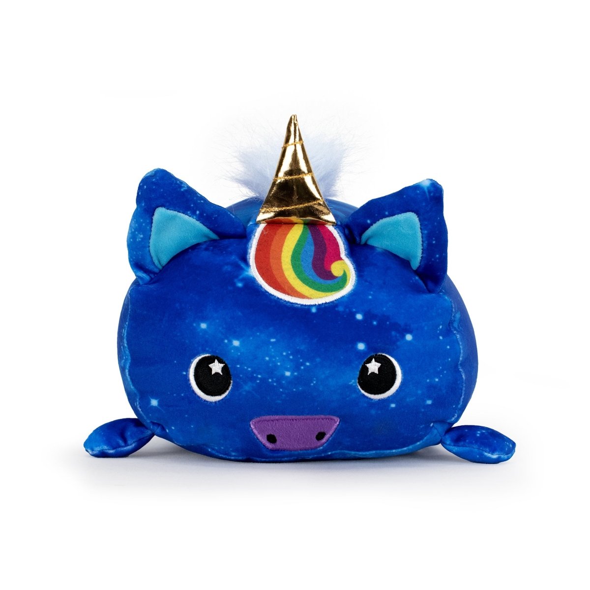 Nightwind the Unicorn is a soft stuffed animal shaped like a blue unicorn with galaxy patterns, golden horn, rainbow mane, blue ears, starry eyes, and a cute purple snout, shown against a white background.