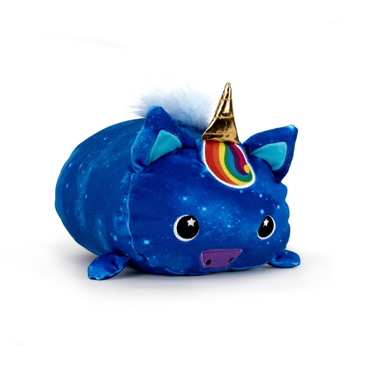 Nightwind the Unicorn is a chubby blue plush toy with a golden horn, rainbow markings, starry eyes, and a fluffy light blue tail. Made from ultra-soft materials, this machine washable stuffed animal is shown on a white background.