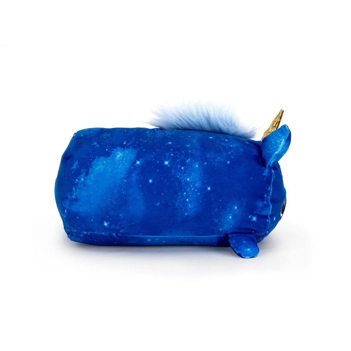 Nightwind the Unicorn is a blue plush toy with a cosmic star pattern, golden horn, blue ears, fluffy white mane, and small legs—crafted from ultra-soft materials. Perfect for stuffed plushie lovers. Shown on a white background.