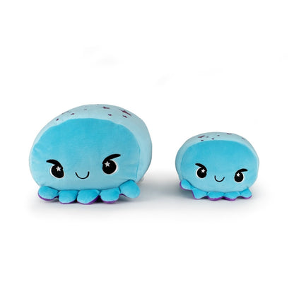 Two blue Henry the Octopus plush toys—one large, one small—with smiling faces and purple-tipped tentacles sit side by side on a white background. These adorable stuffed animals are perfect for cuddling and play.