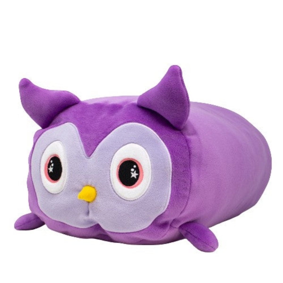 Purple owl stuffed animal with stars in eyes and short yellow beak.