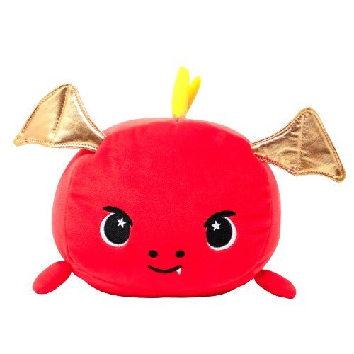 Red dragon stuffed animal with gold wings and yellow spikes.