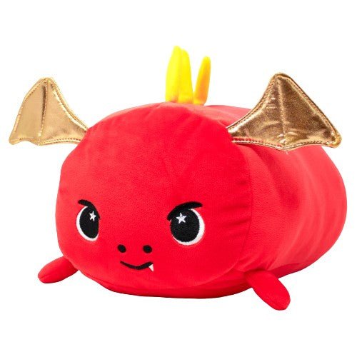 Red dragon stuffed animal with gold wings and yellow spikes.