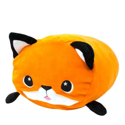 Front view of Bandit the Fox Plushie, an orange fox stuffed animal with a white mouth and black ears, made of 100% polyester.