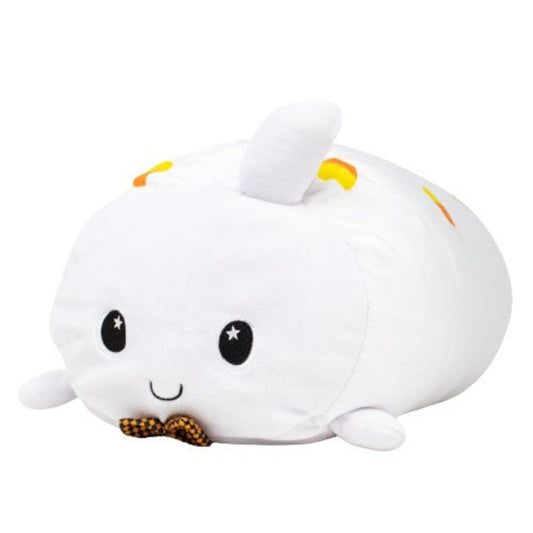 Boo the Ghost Plushie is an adorable white plush toy with a smiling face, starry eyes, and a bow tie. It features small limbs with colorful orange and yellow accents that resemble cute ears or horns.