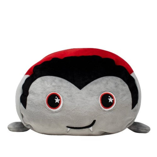 Meet Bram the Vampire Plushie from the Moosh-Moosh Spooky Series—this cute Halloween pillow has black hair, starry red and black eyes, a small smile, and two little white fangs. Perfect for spooky season cuddles!.
