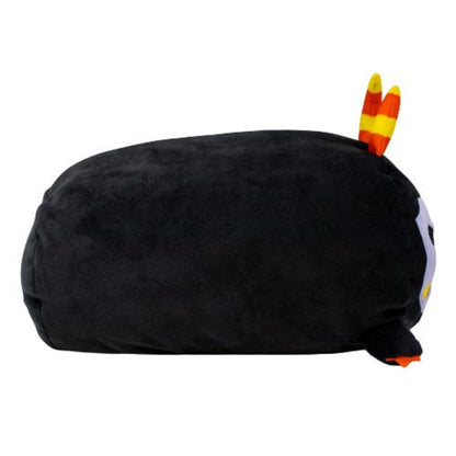 Fang the Monster Plushie is a round black cat plush from the Moosh-Moosh Spooky Series, featuring orange-and-yellow striped ears and a purple face with yellow markings—an ideal Halloween cuddly toy!.