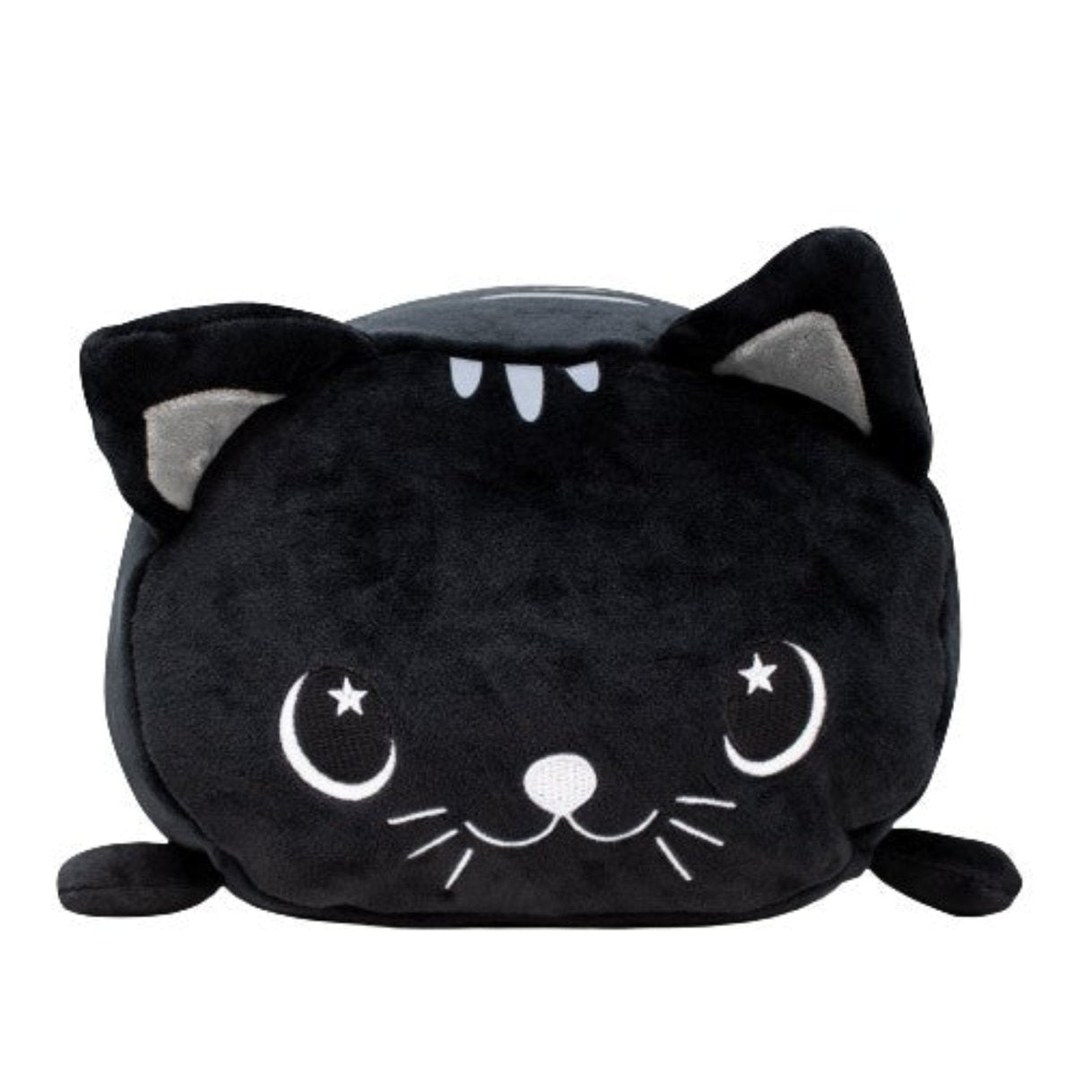 The Fortune the Cat Plushie is a black cat pillow with cartoon charm, featuring crescent moon eyes, small white whiskers, black ears with gray inner details, short legs, and a smiling face.