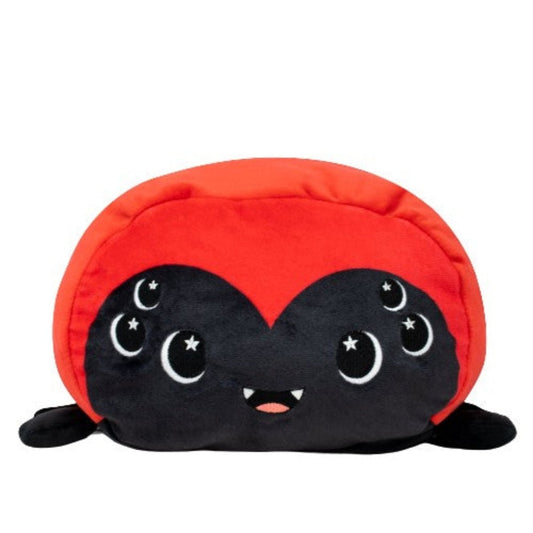 Meet Muffet the Spider Plushie—a cute, red-backed plush toy with a black face, six starry cartoon eyes, a sweet smile, and black legs; perfect as a spooky spider or adorable Halloween plushie!.