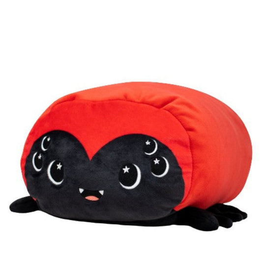 Muffet the Spider Plushie is a cute red and black pillow toy with a smiling face, six starry eyes, and small black legs—perfect as a cozy Moosh-Moosh pillow or Halloween plushie!.