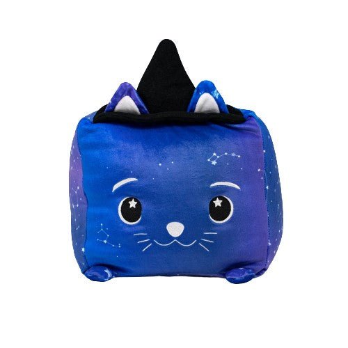 Sabrina the Cat is a magical blue and purple cube-shaped plush with constellation patterns, black starry eyes, a smiling face, pointy ears, and a black witch hat on top.