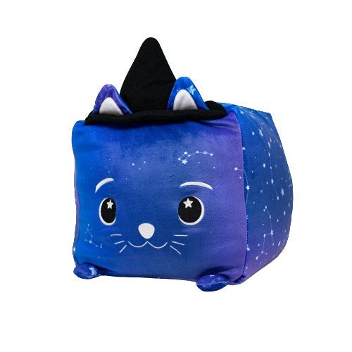 Sabrina the Cat is a magical blue cube plush with a constellation pattern, cute embroidered face, small ears, and a black wizard hat—ideal as a snuggly companion for anyone who loves whimsical creatures.