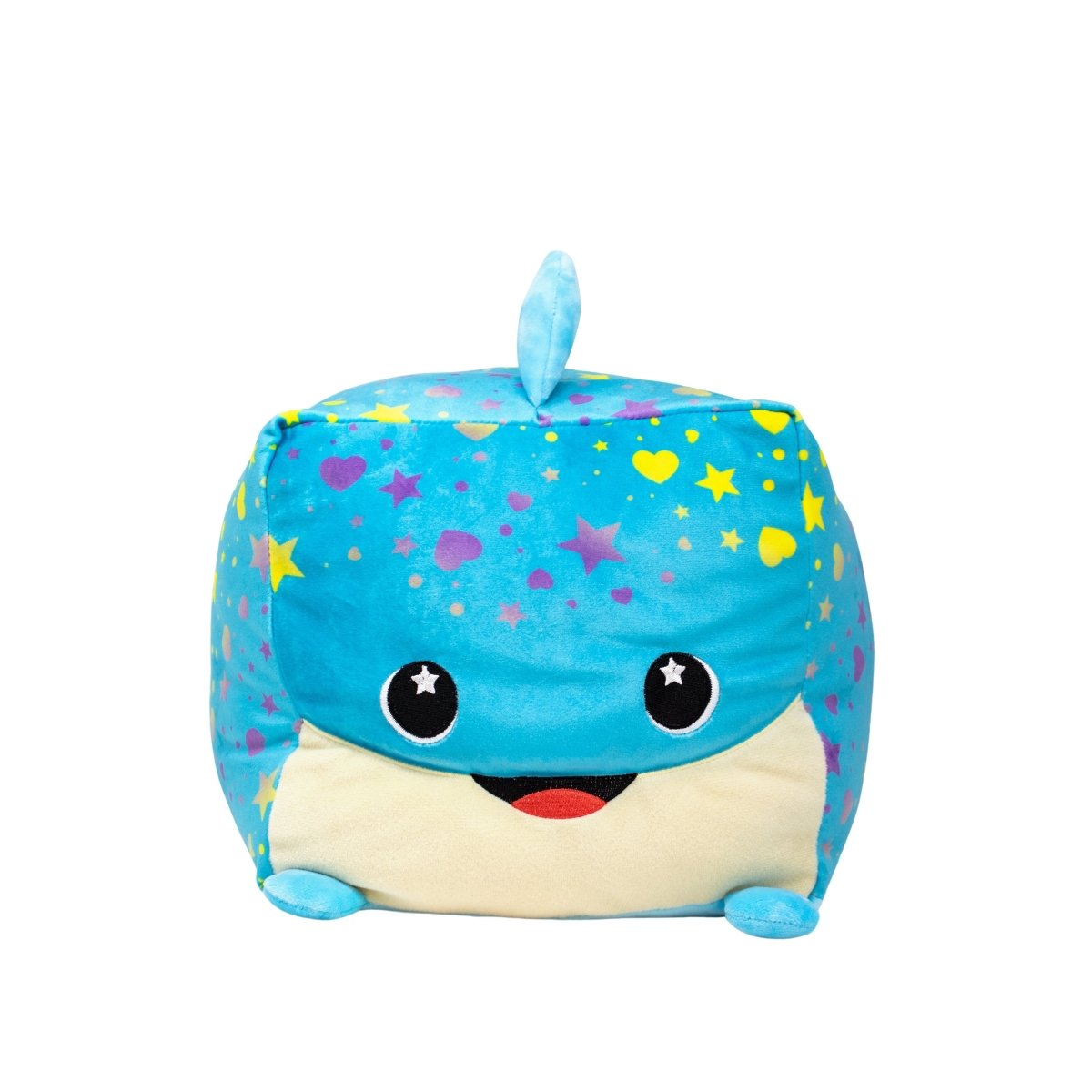 Front view - Baby blue square whale stuffed animal plushie with fin