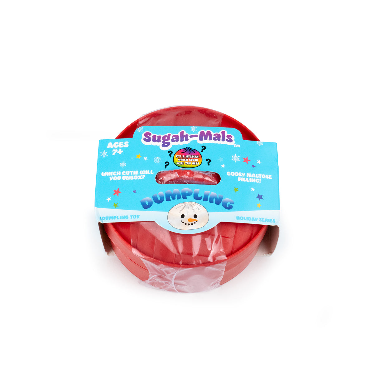 A round red Bubblegum’s Favorite Toy - Holiday Mystery Maltose Dumpling container wrapped in a blue label featuring a cartoon squishy dumpling character, the text “A mystery which color will you get?”, and “Gooey maltose filling!”.