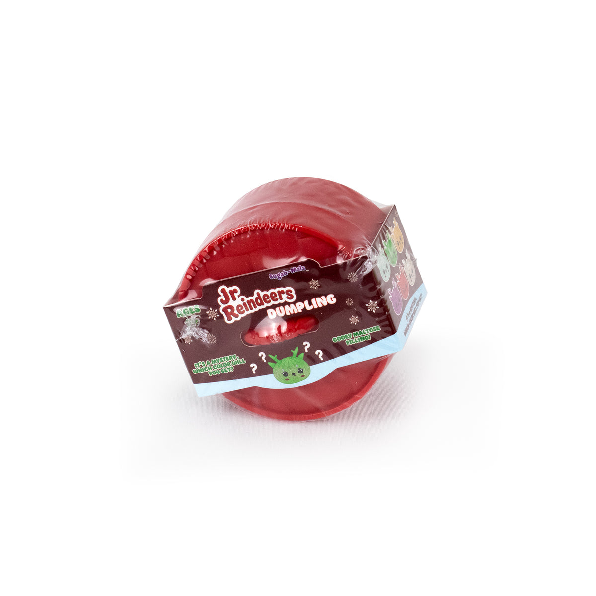 A round, red Bubblegum’s Favorite Toy - Jr Reindeer Mystery Maltose Dumpling wrapped in plastic packaging with a label that features illustrations of reindeer faces.