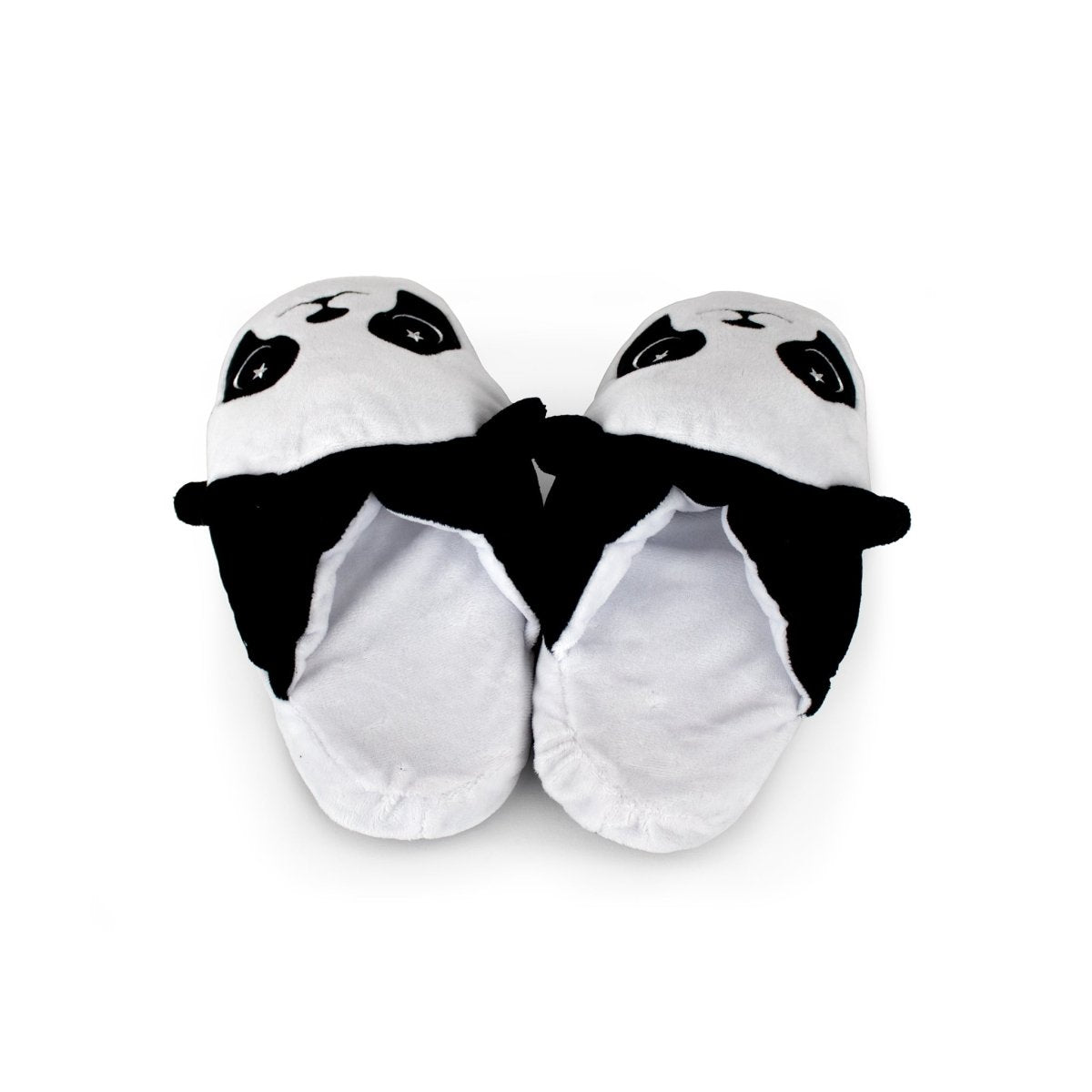 A pair of Pandy the Panda Kids Slippers, made from soft white and black material to resemble adorable panda faces, shown side by side on a white background.