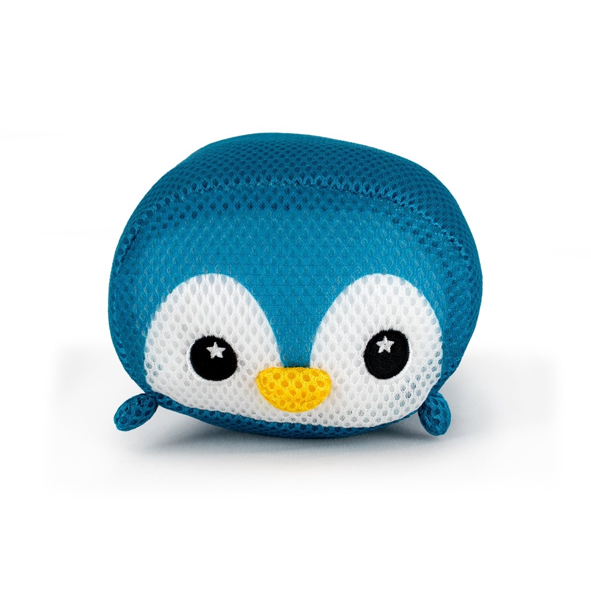 The Aqua Moosh-Moosh Elle is a plush toy shaped like a blue penguin, featuring a white face, yellow beak, black eyes, and made from textured mesh fabric, shown against a white background.