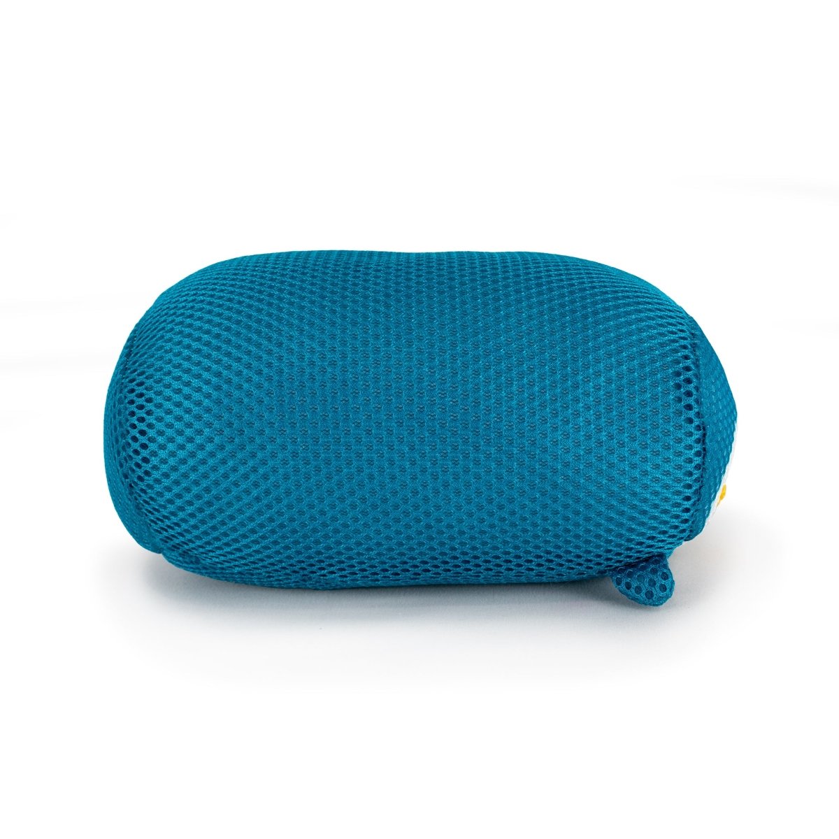 The Aqua Moosh-Moosh Elle, a teal oval cushion with a textured mesh-like surface and small fabric loop, is displayed against a white background.