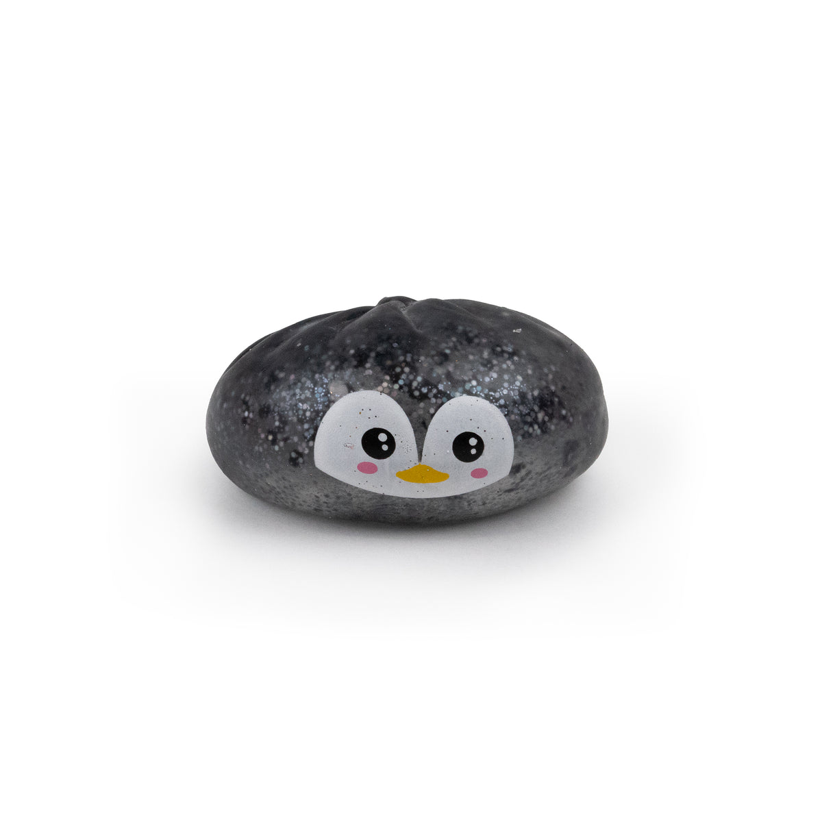 A grey, speckled, dumpling-shaped Bubblegum’s Favorite Toy - Holiday Mystery Maltose Dumpling squishy toy featuring a cartoon penguin face.