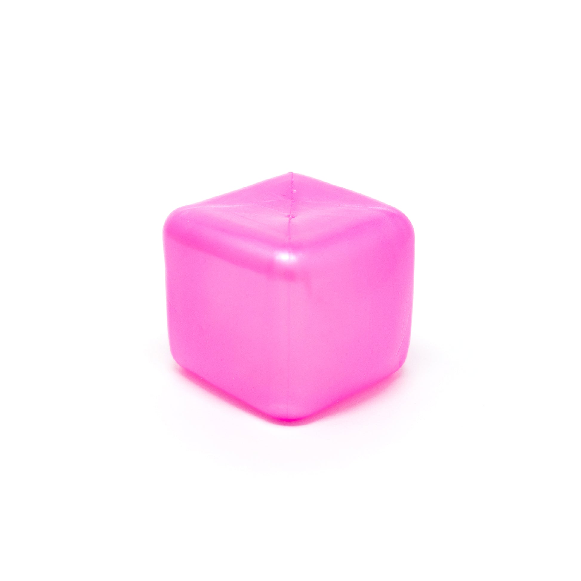 A single Sugah-mal Pearl Cube from Bubblegum’s Favorite Toy, made of translucent pink plastic with rounded edges, shown on a white background.
