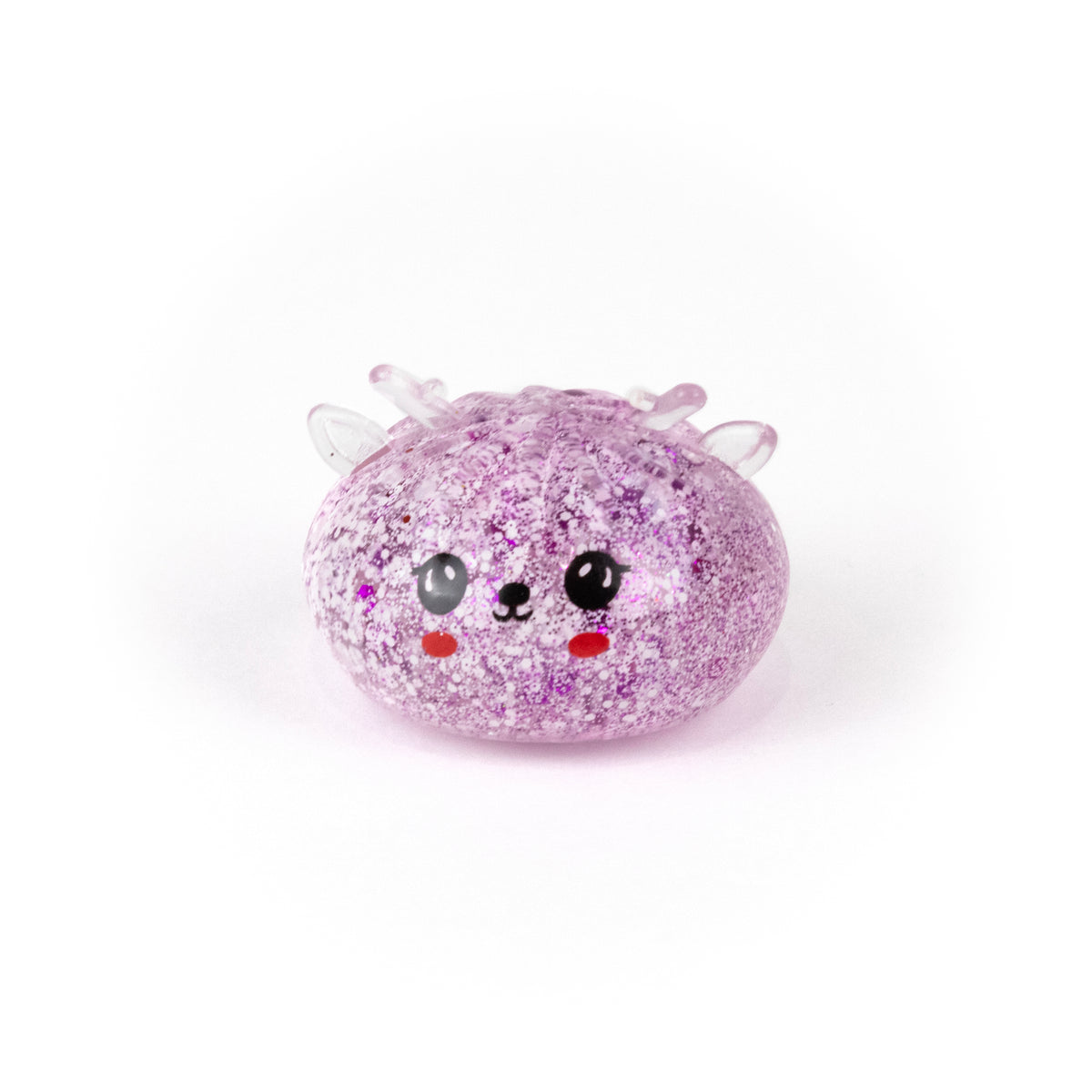 A glittery purple Jr Reindeer Mystery Maltose Dumpling squishy toy shaped like a reindeer head with small antlers and a cute, smiling face.