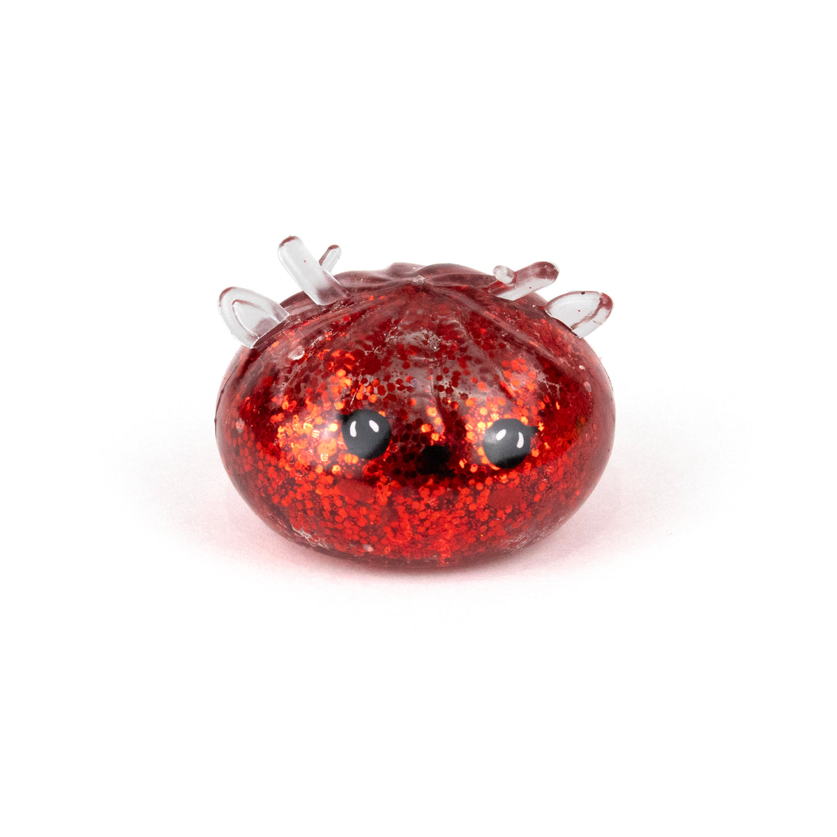 A squishy, red glittery Bubblegum’s Favorite Toy - Jr Reindeer Mystery Maltose Dumpling with small antlers and black eyes.